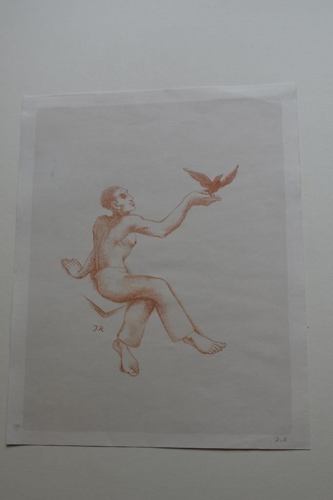 JOHN RÄDECKER MAN MET VOGEL LITHO 1947 Schildersprent SP23, 31 cm, Verzenden, Origineel, Flora en Fauna