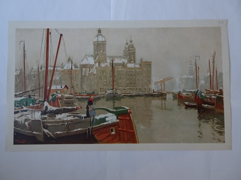 Litho zicht op Amsterdamse gracht in sneeuw H. Cassiers 1900, Antiek en Kunst, Kunst | Litho's en Zeefdrukken, Origineel, Verzenden