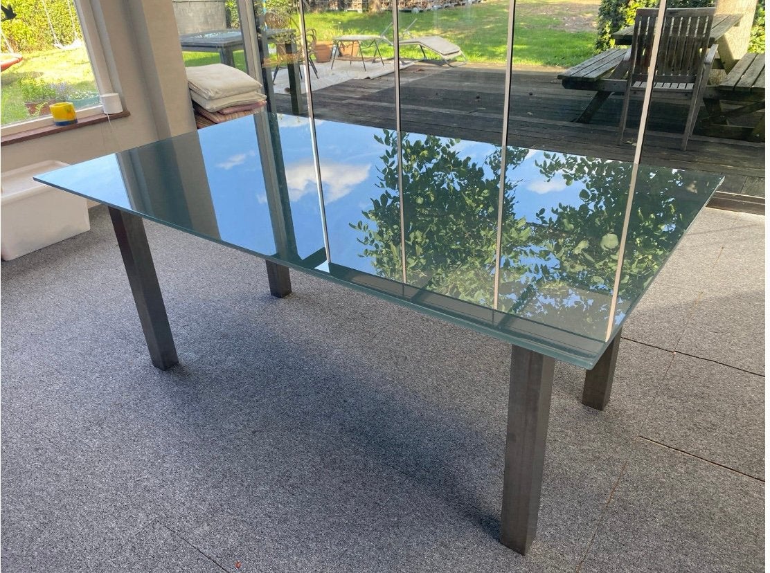 Design tafel glas met RVS onderstel 100x180 cm, Ophalen, 100 tot 150 cm, Zo goed als nieuw, Vijf personen of meer