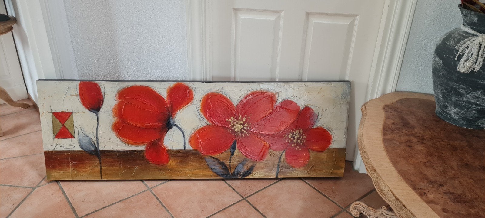 Schilderij met rode bloemen, acryl op doek, Ophalen