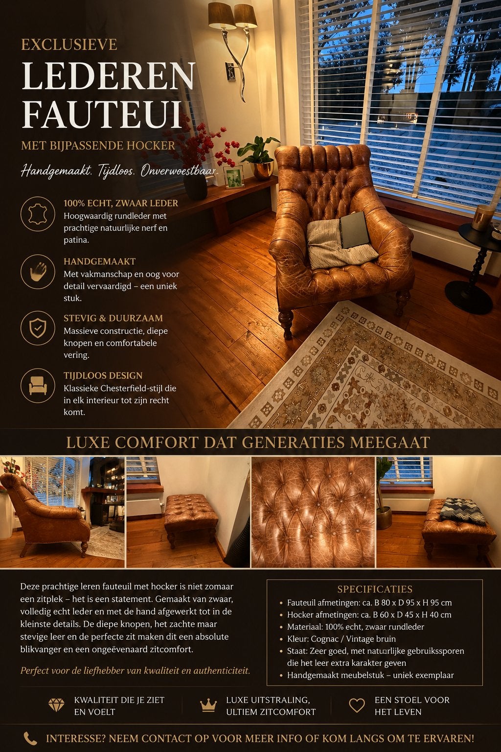 Prachtige handgemaakte zwaar lederen fauteuils, Huis en Inrichting, Fauteuils, Ophalen of Verzenden, 75 tot 100 cm, 50 tot 75 cm