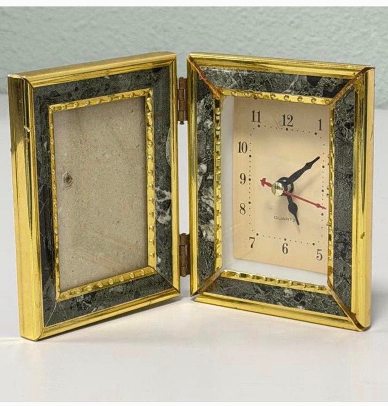 Vintage opvouwbare tafelklok klok & fotolijst marmerlook, Ophalen of Verzenden, Zo goed als nieuw, H, H