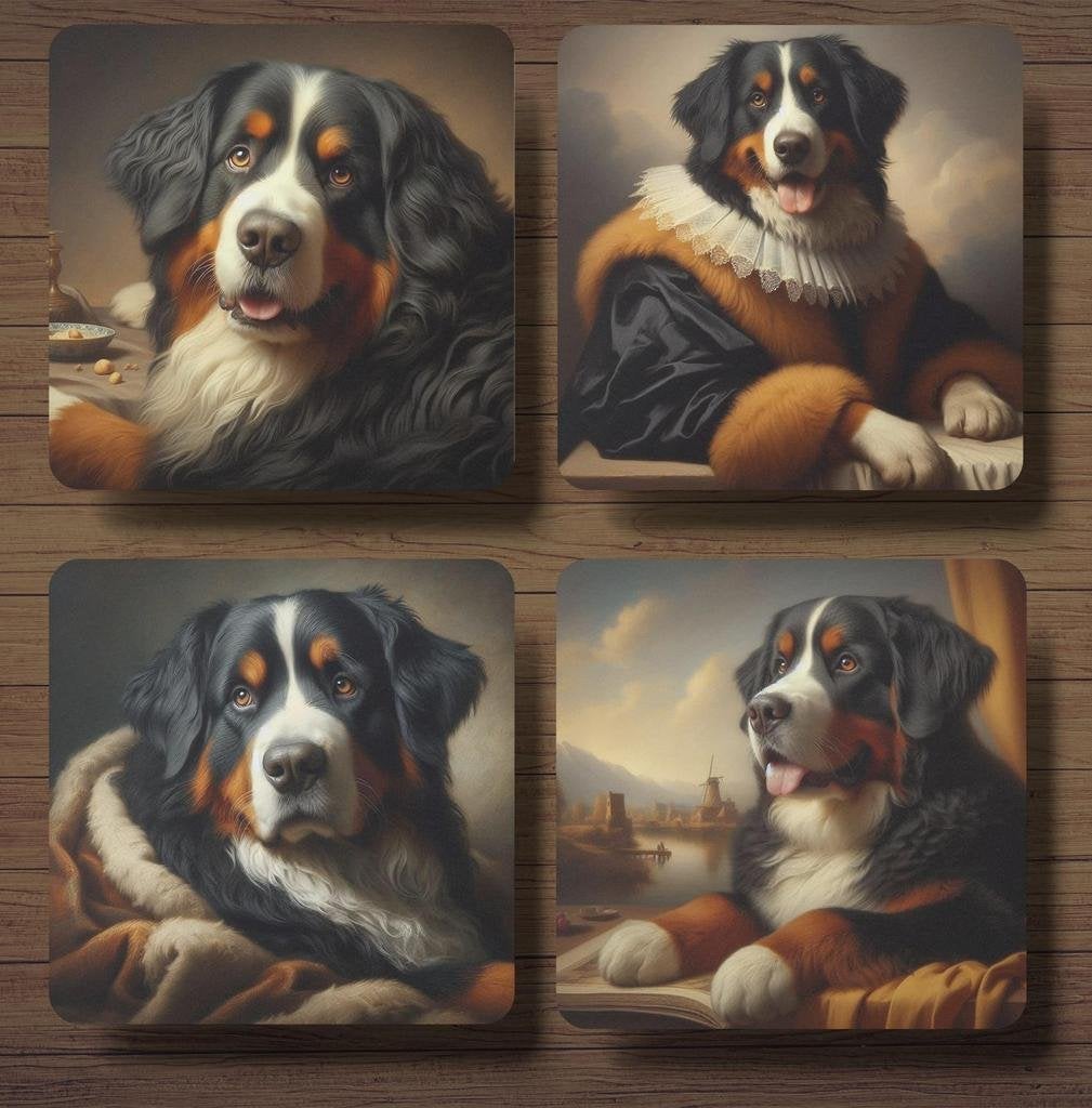 Berner Sennenhond Rembrandt stijl onderzetters met houder, Ophalen of Verzenden, Nieuw