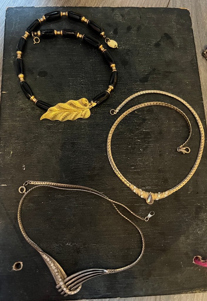 Vintage strass designers kettingen collier parelmoer verguld, Overige materialen, Met strass, Ophalen of Verzenden, Zo goed als nieuw