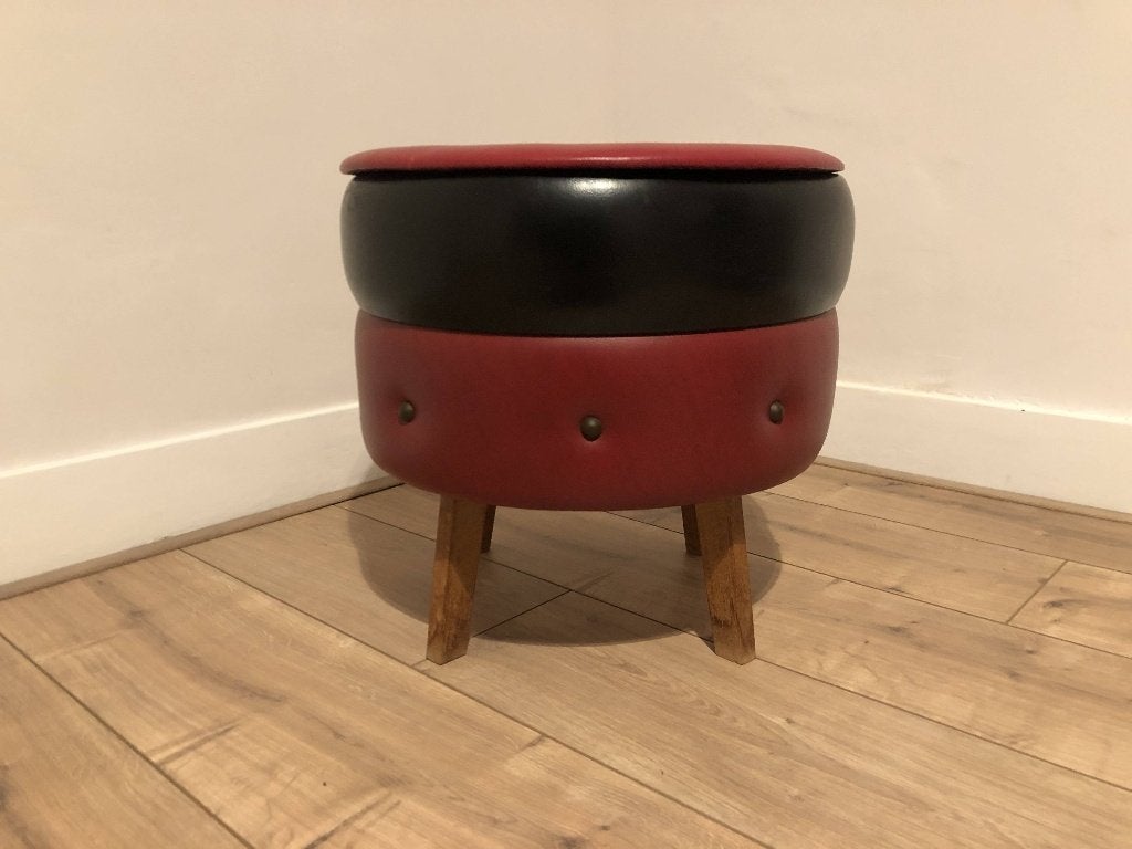 Vintage Poef met Opbergruimte - Rood/Zwart, Hout, Minder dan 50 cm, Gebruikt, Rond