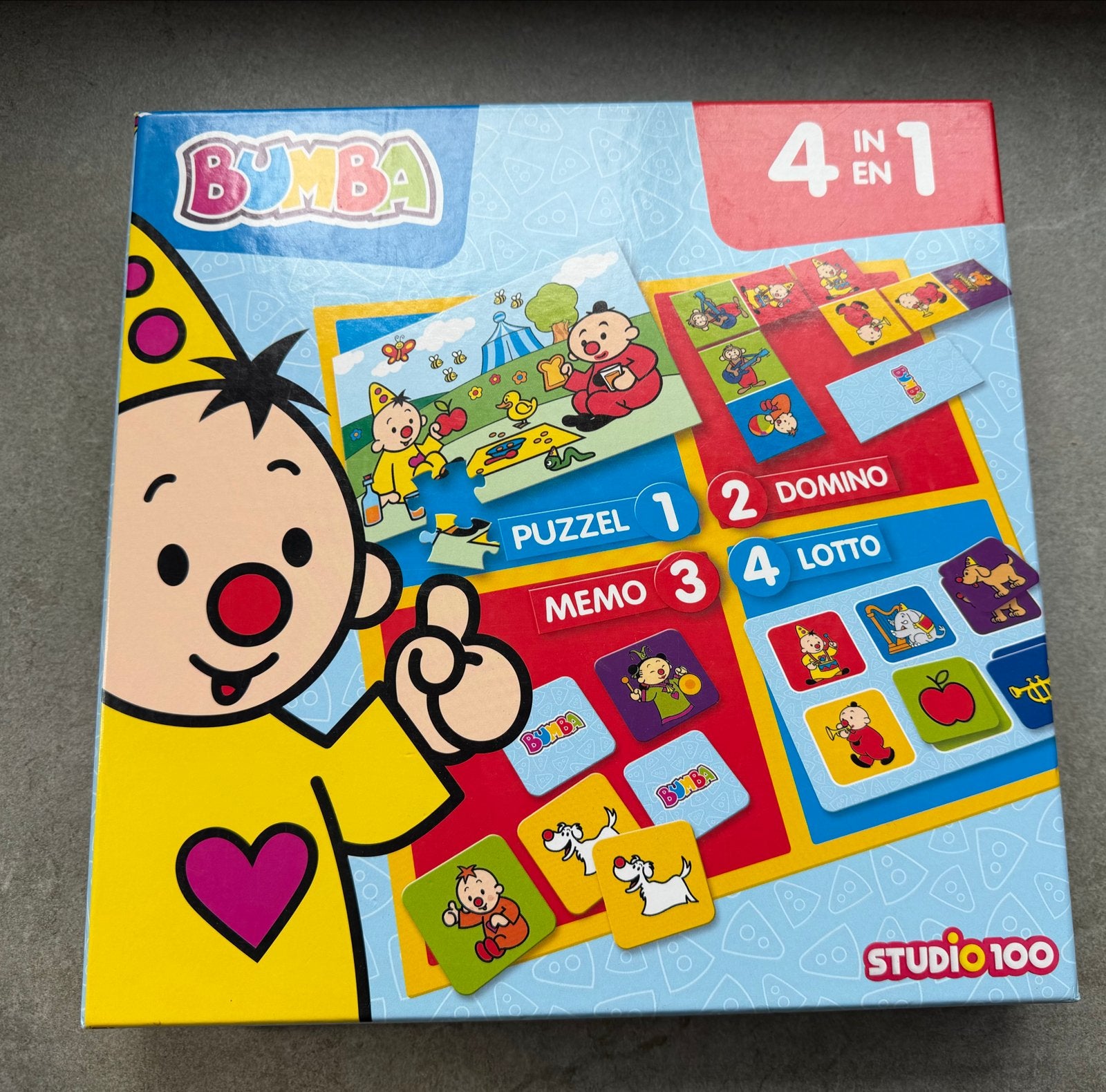 Bumba 4-in-1 Spelletjesdoos: Puzzel, Domino, Memo, Lotto, Ophalen of Verzenden, Meer dan 50 stukjes, Gebruikt, 2 tot 4 jaar