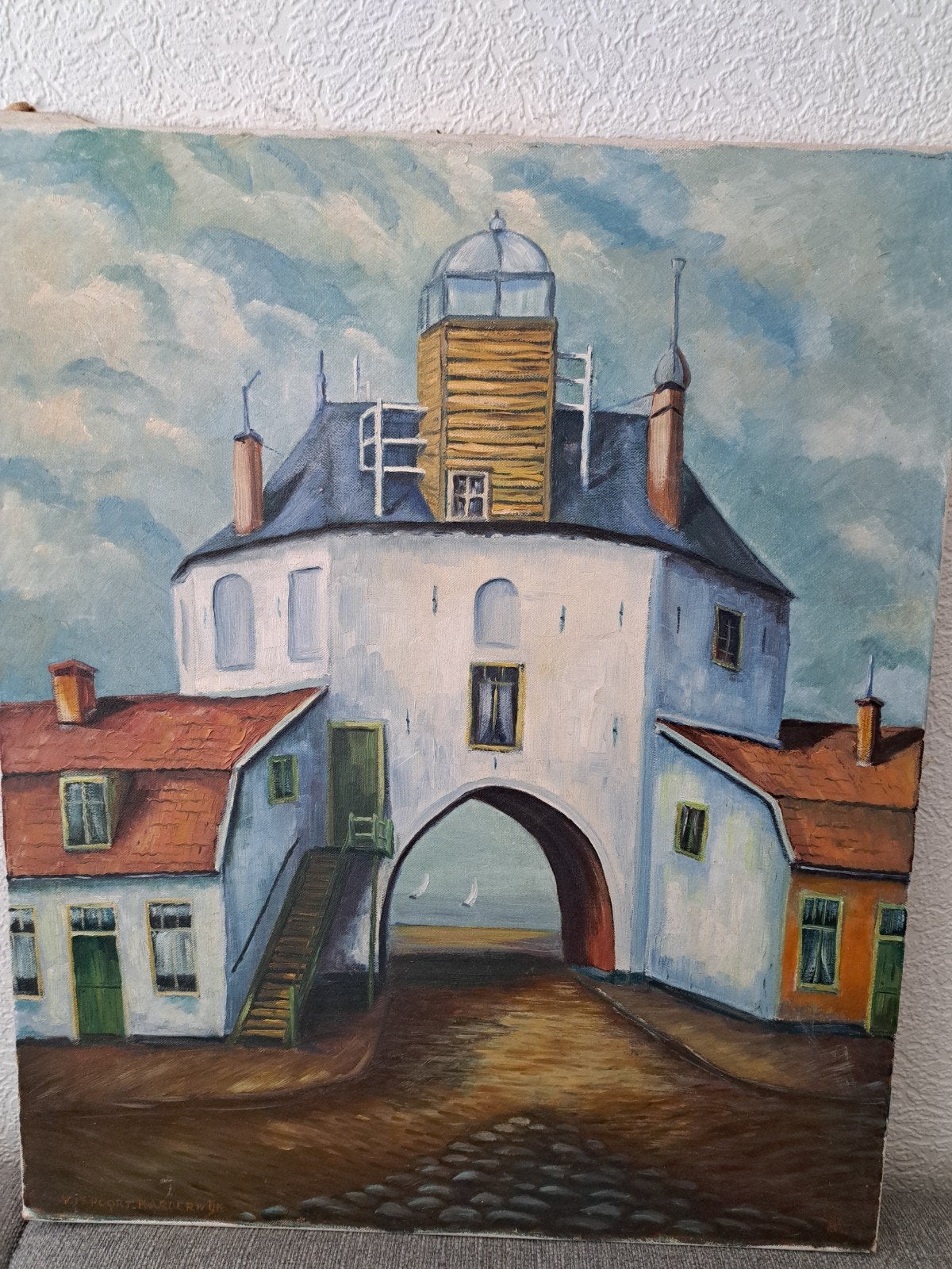 Schilderij:  VisPoort Harderwijk met Zeezicht.  Roel, Antiek en Kunst, Kunst | Schilderijen | Klassiek, Doek, Realistisch, Ophalen of Verzenden