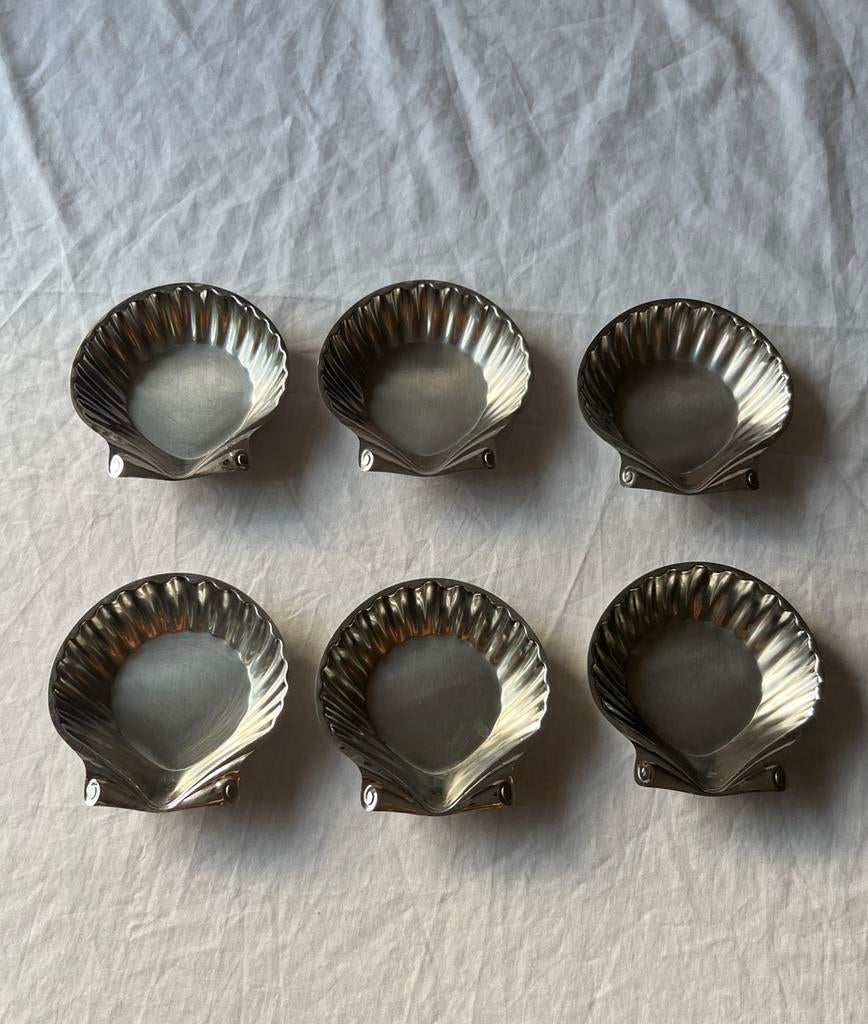 Vintage Frans design RVS schelpvormige schaaltjes set van 6, Huis en Inrichting, Keuken | Servies, Ophalen, Overige materialen