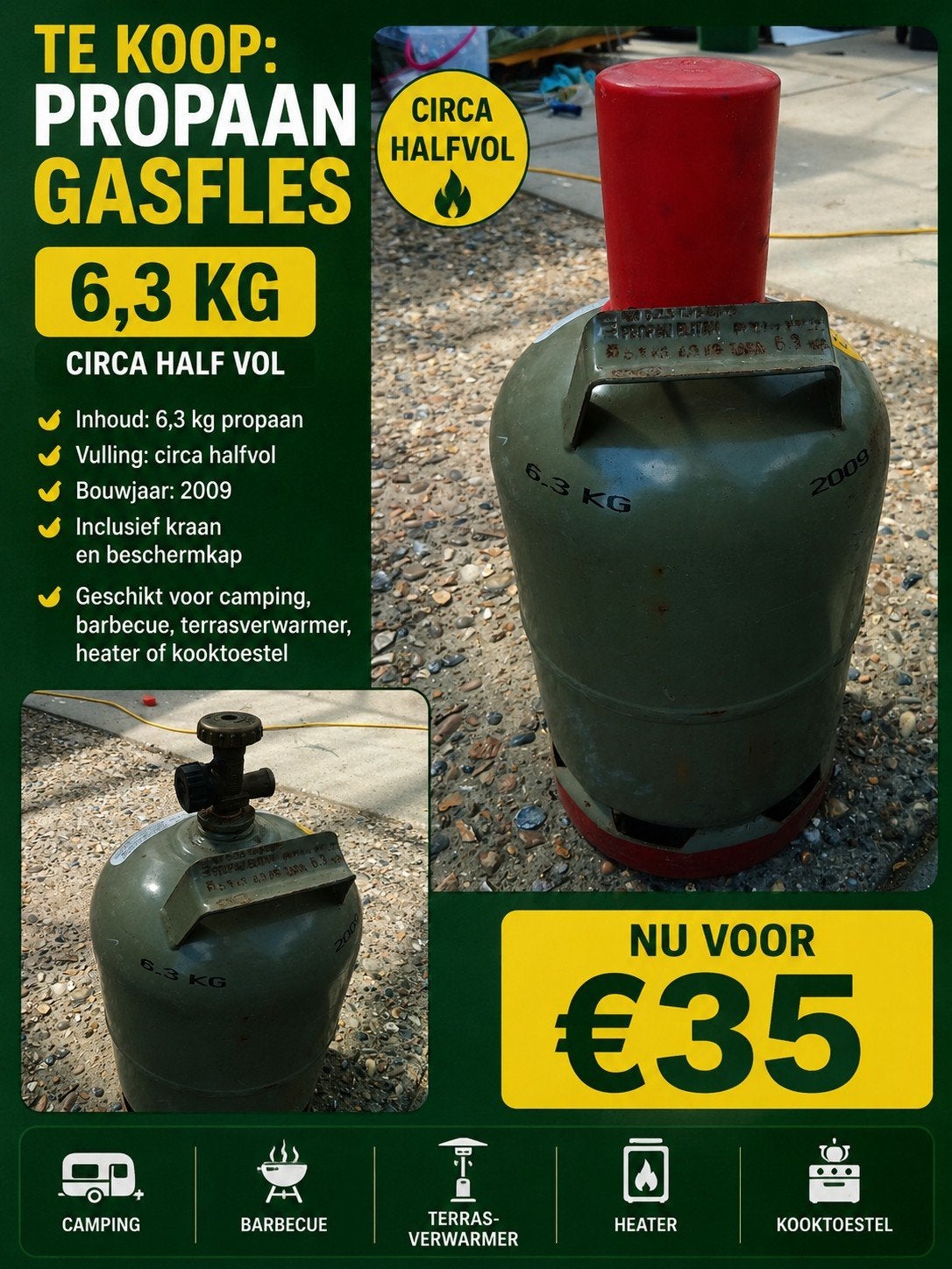 Propaan gasfles 6,3 kg - circa halfvol, Ophalen