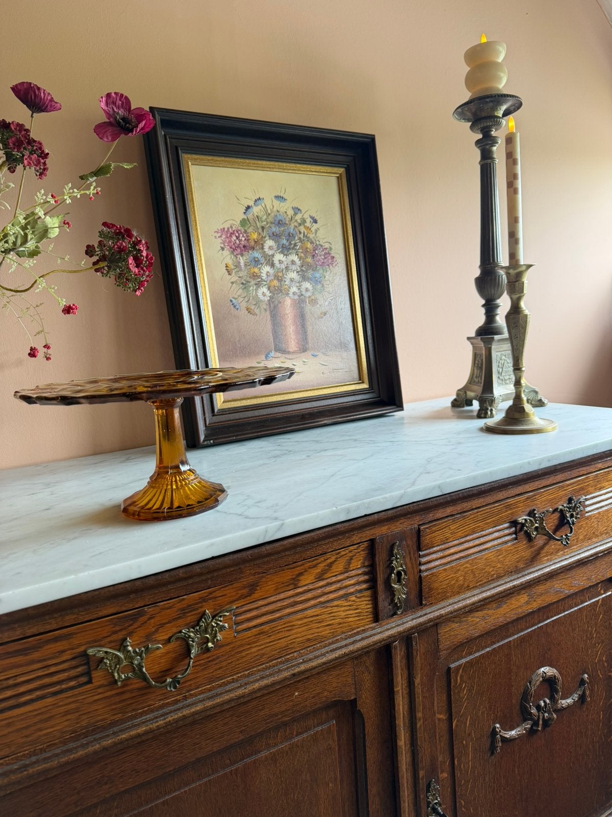 Vintage houten commode met wit marmeren blad, Ophalen, Gebruikt