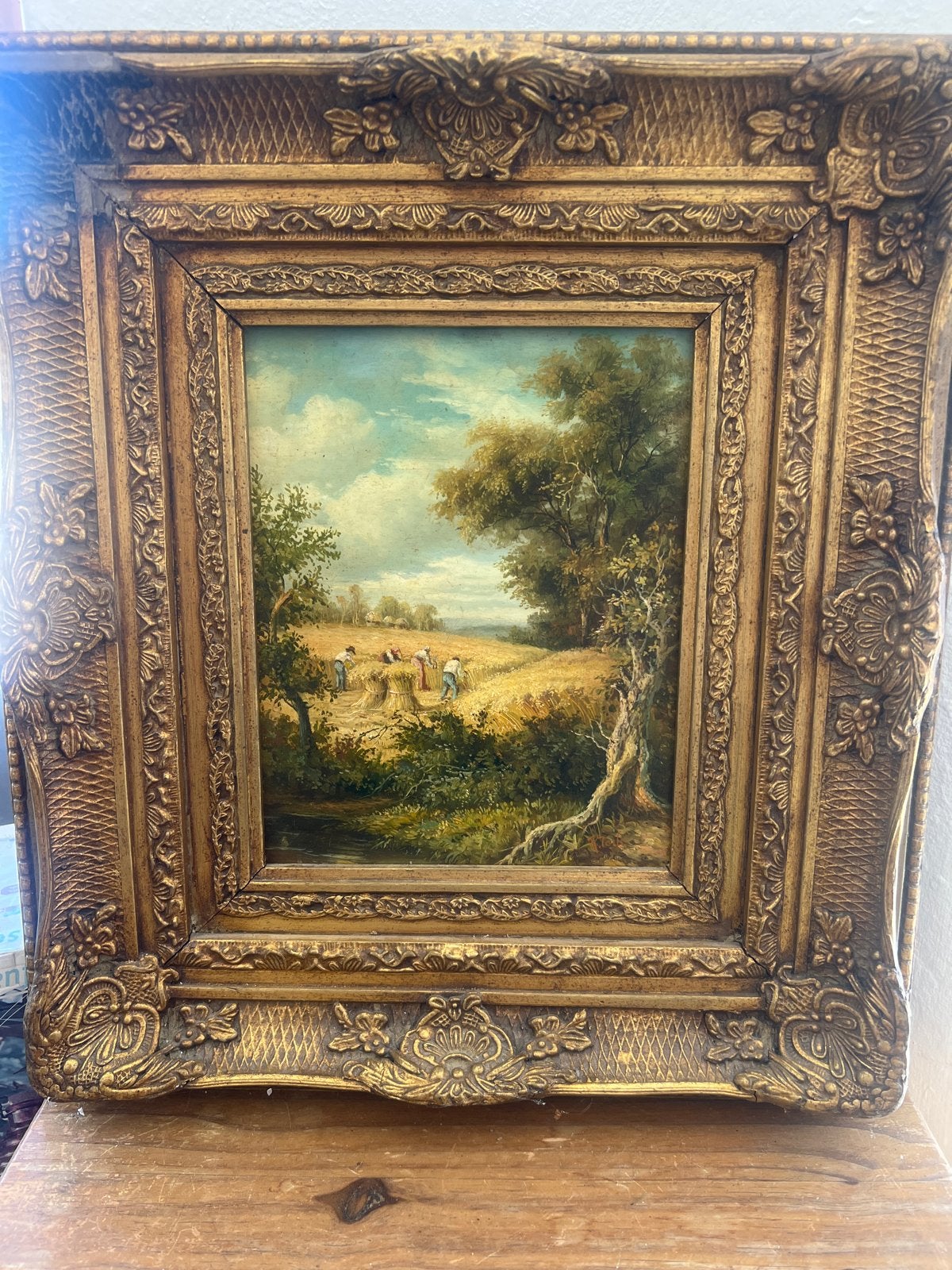 Olieverf op paneel: Oogsttafereel met boeren, Paneel, Realistisch, Ophalen of Verzenden, Landschap