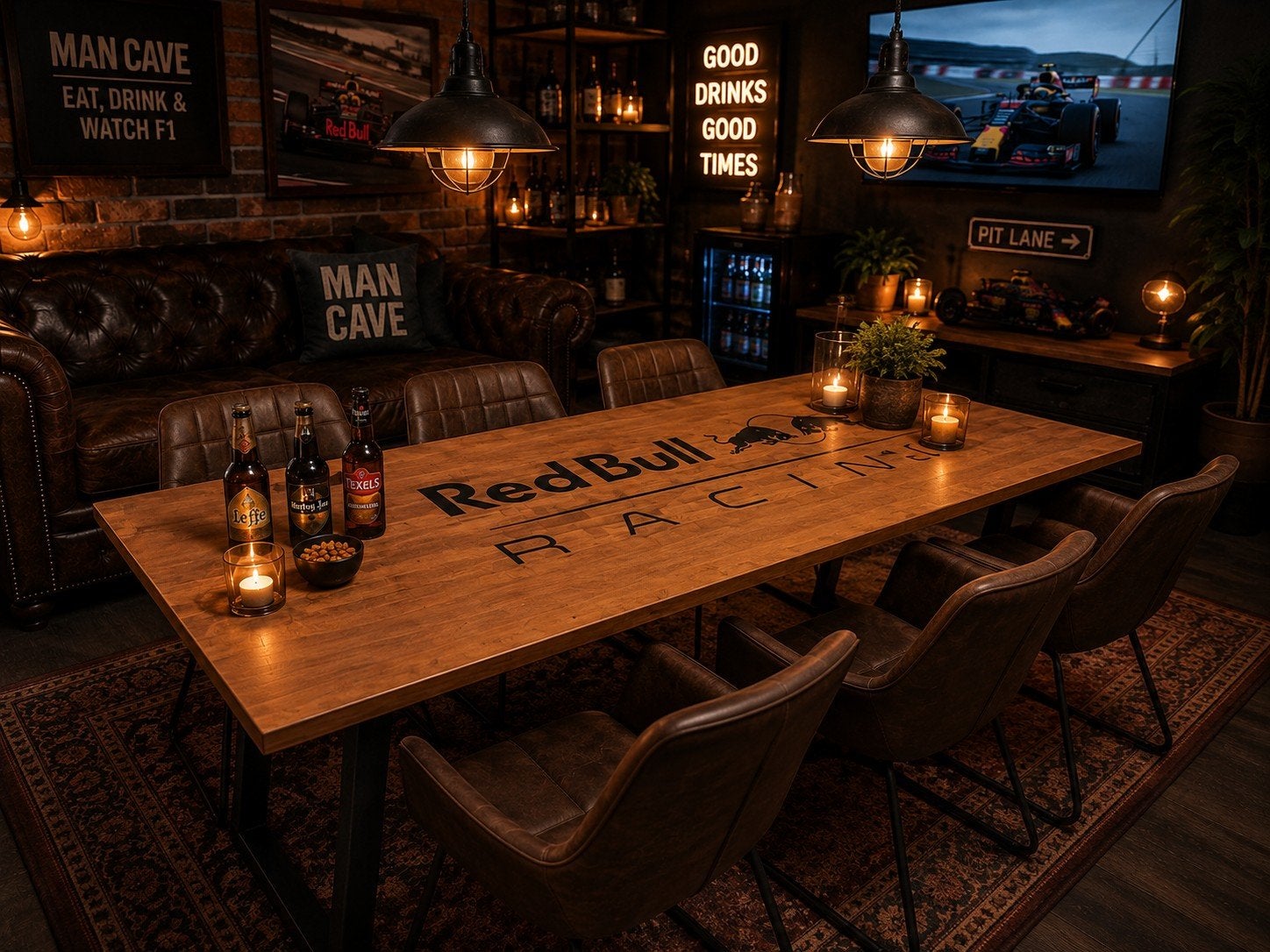 Red Bull Racing eettafel - eiken hout en epoxy, 50 tot 100 cm, Zo goed als nieuw, 150 tot 200 cm, Vier personen