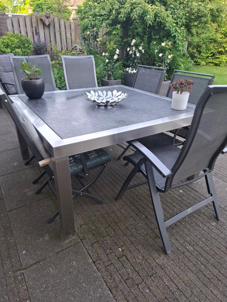 Tuintafel Roestvrijstaal Natuursteen 146 x 146, Tuin en Terras, Ophalen, Zo goed als nieuw, Vierkant, Rvs