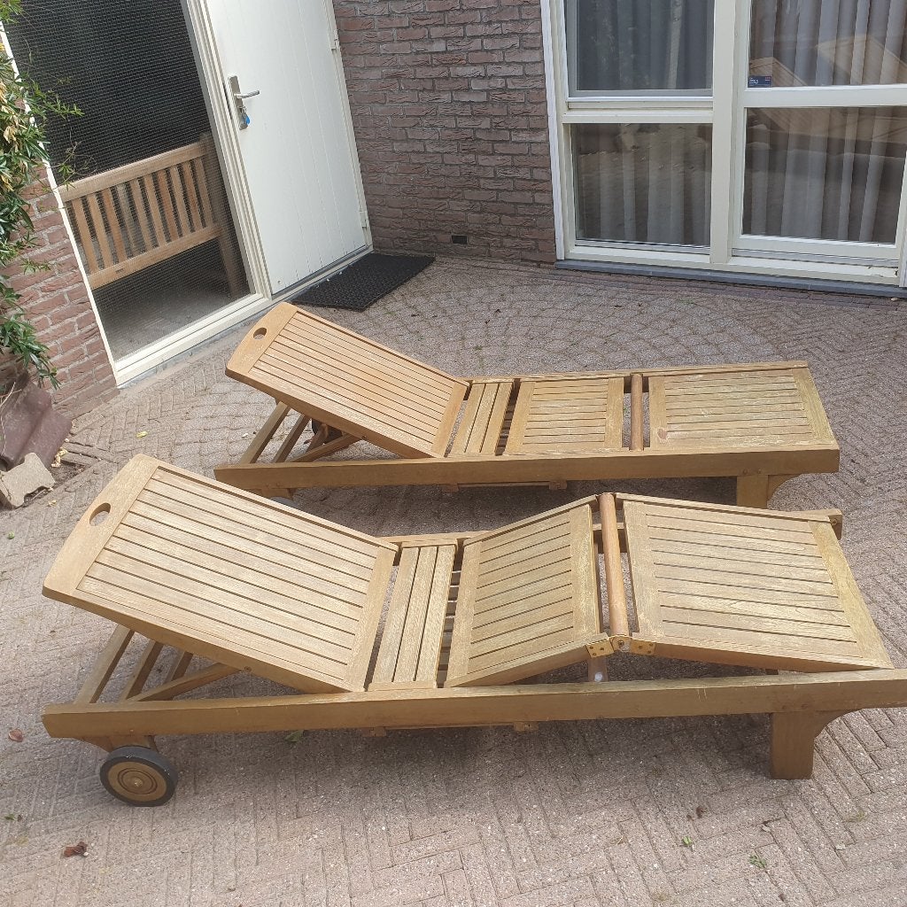 Teakhouten ligbedden (2 st), Tuin en Terras, Ophalen, Gebruikt, Teakhout