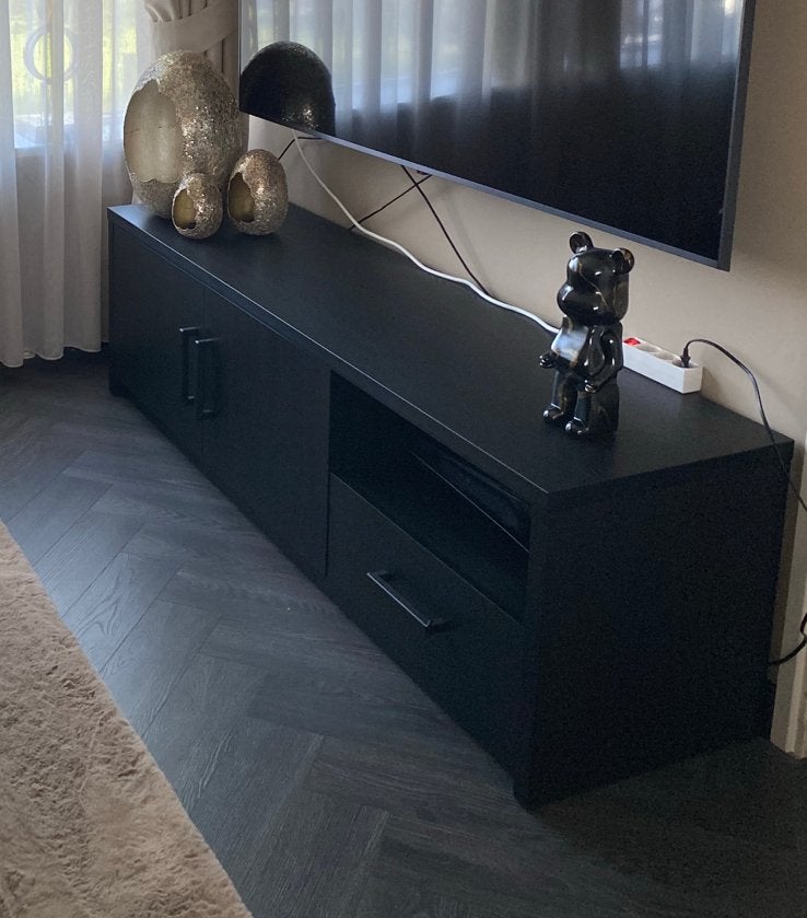 Tv kast zwart met houtnerf, Ophalen, 150 tot 200 cm, Zo goed als nieuw, Minder dan 100 cm