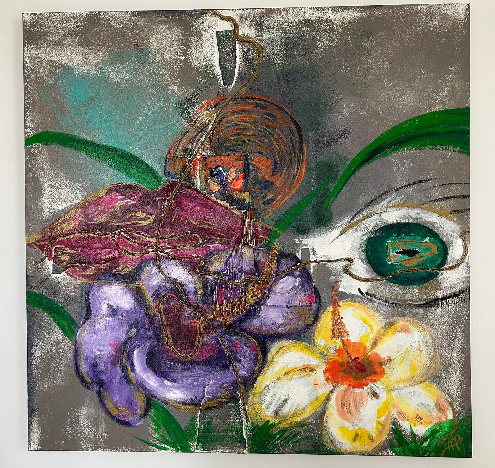 Tweeluik, kleurig, 120x120 en 70x120cm, Antiek en Kunst, Ophalen, Papier/karton, Gemengde techniek, Bloemen