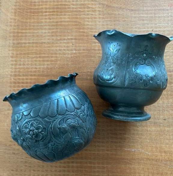 2 antieke bloempotten cachepot  art deco tin, Antiek en Kunst, Ophalen of Verzenden