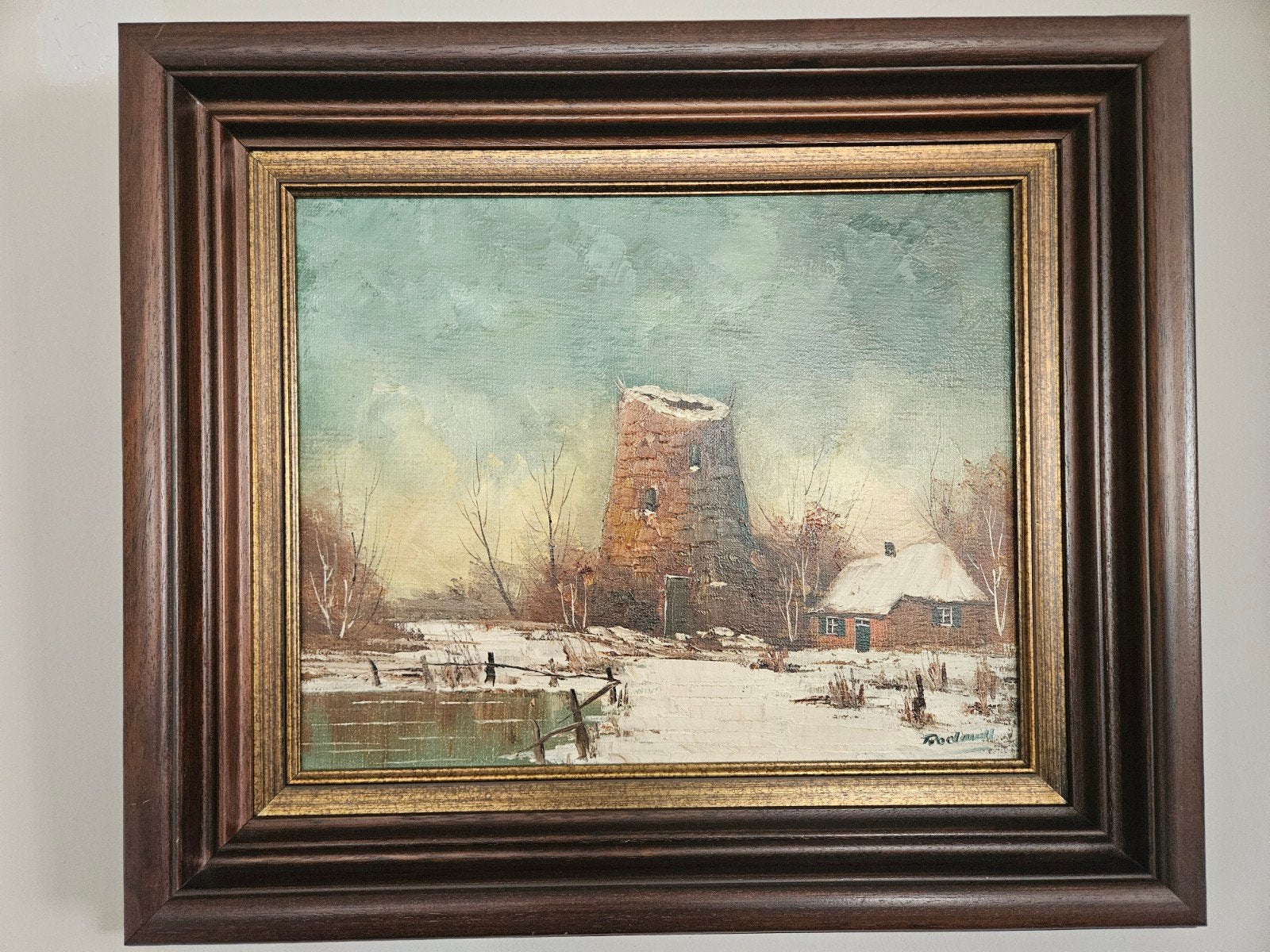 Schilderij Winterlandschap met Molen en Boerderij, Antiek en Kunst, Ophalen