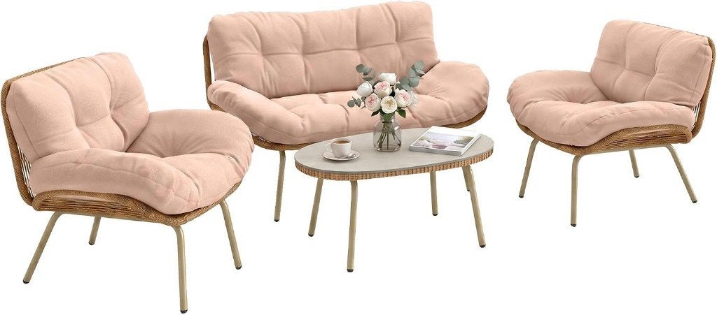 Tuinset 4-delige Polyrattan Loungeset Beige 4 Personen NIEUW, Tuin en Terras, 4 zitplaatsen, Hardhout, Nieuw, Ophalen of Verzenden