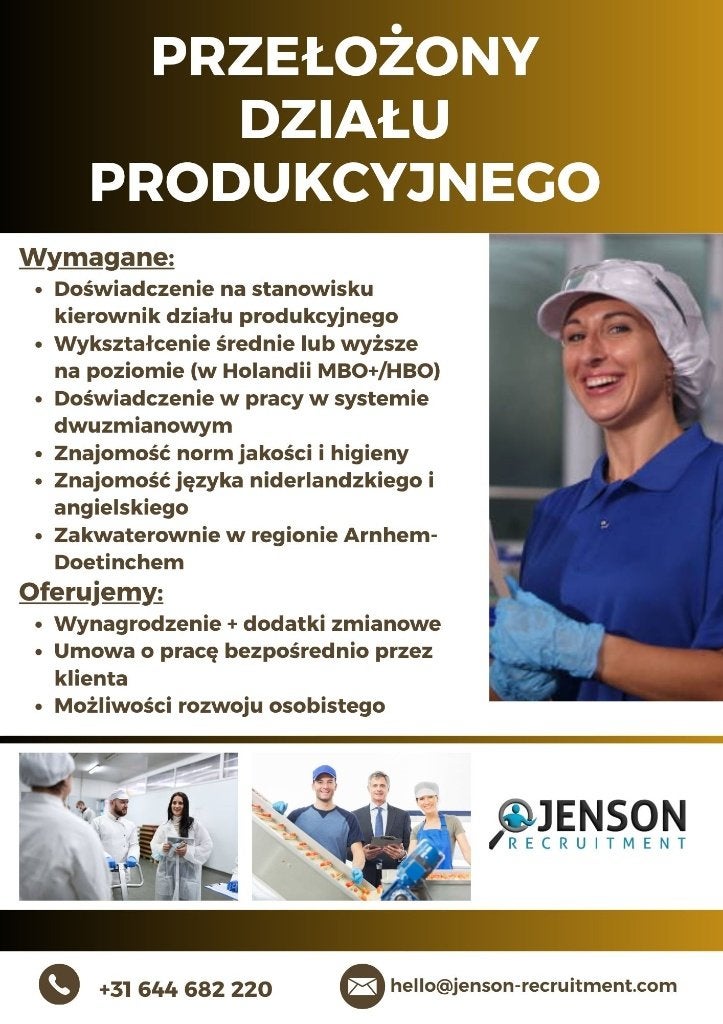 Przełożony działu produkcyjnego, 33 - 40 uur, MBO, Vanaf 1 jaar, Vast contract