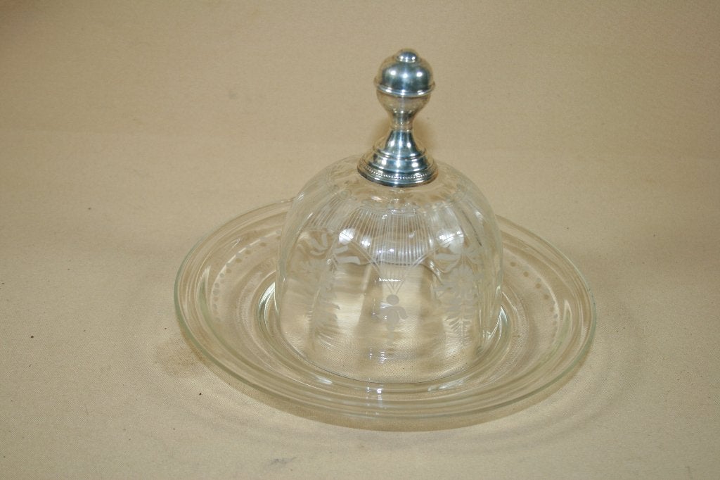 Antiek kristallen stolp met zilveren knop op onderschotel, Ophalen of Verzenden, Zilver