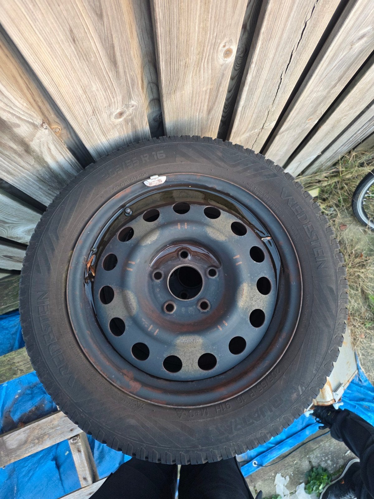 Vredestein 205/55 R16 banden op stalen velgen 5x114.3, Gebruikt, 16 inch, Banden en Velgen, All Season