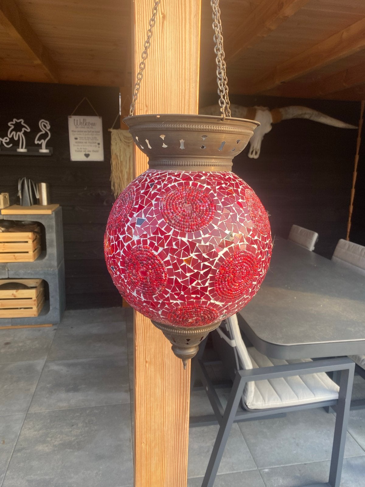 Oosterse hanglamp met rood mozaïek, Ophalen, Zo goed als nieuw, Glas, Overige fittingen