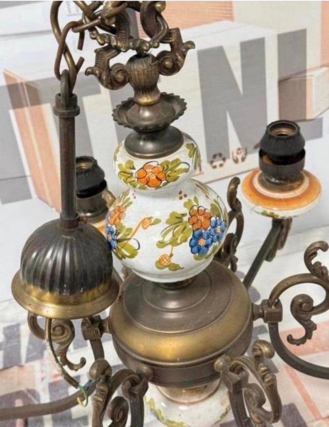 Antiek vintage Kroonluchter koper messing porselein brocante, Ophalen of Verzenden