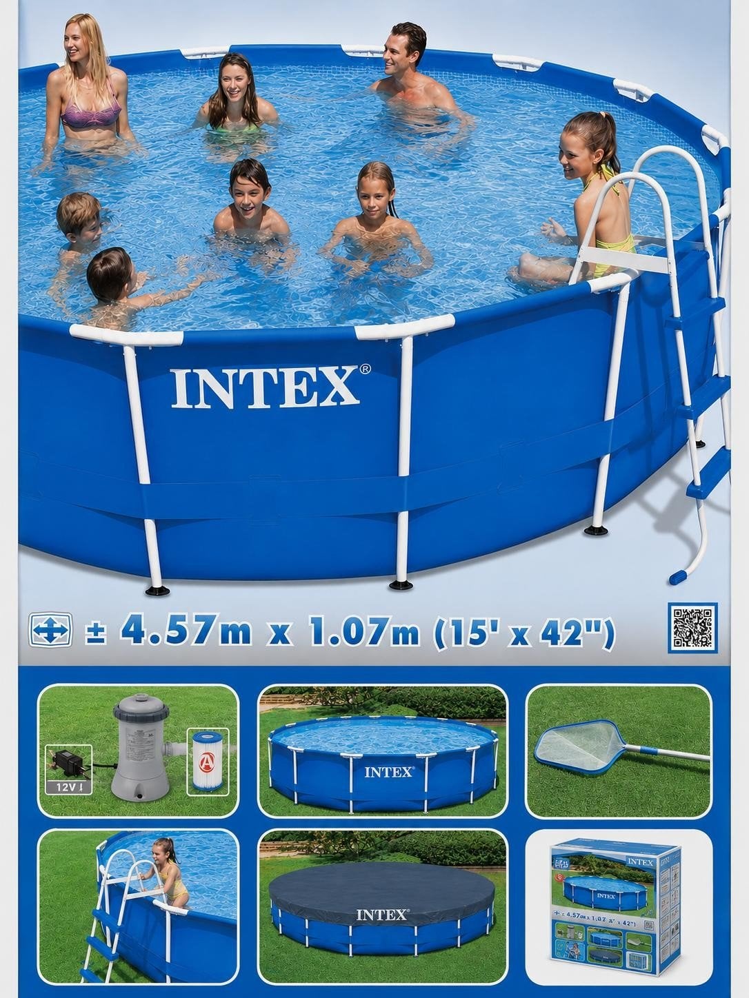 Te koop: Intex zwembad 4,57 x 1,07 m compleet pakket., Tuin en Terras, Zwembaden, Zo goed als nieuw, Opzetzwembad, 80 tot 120 cm