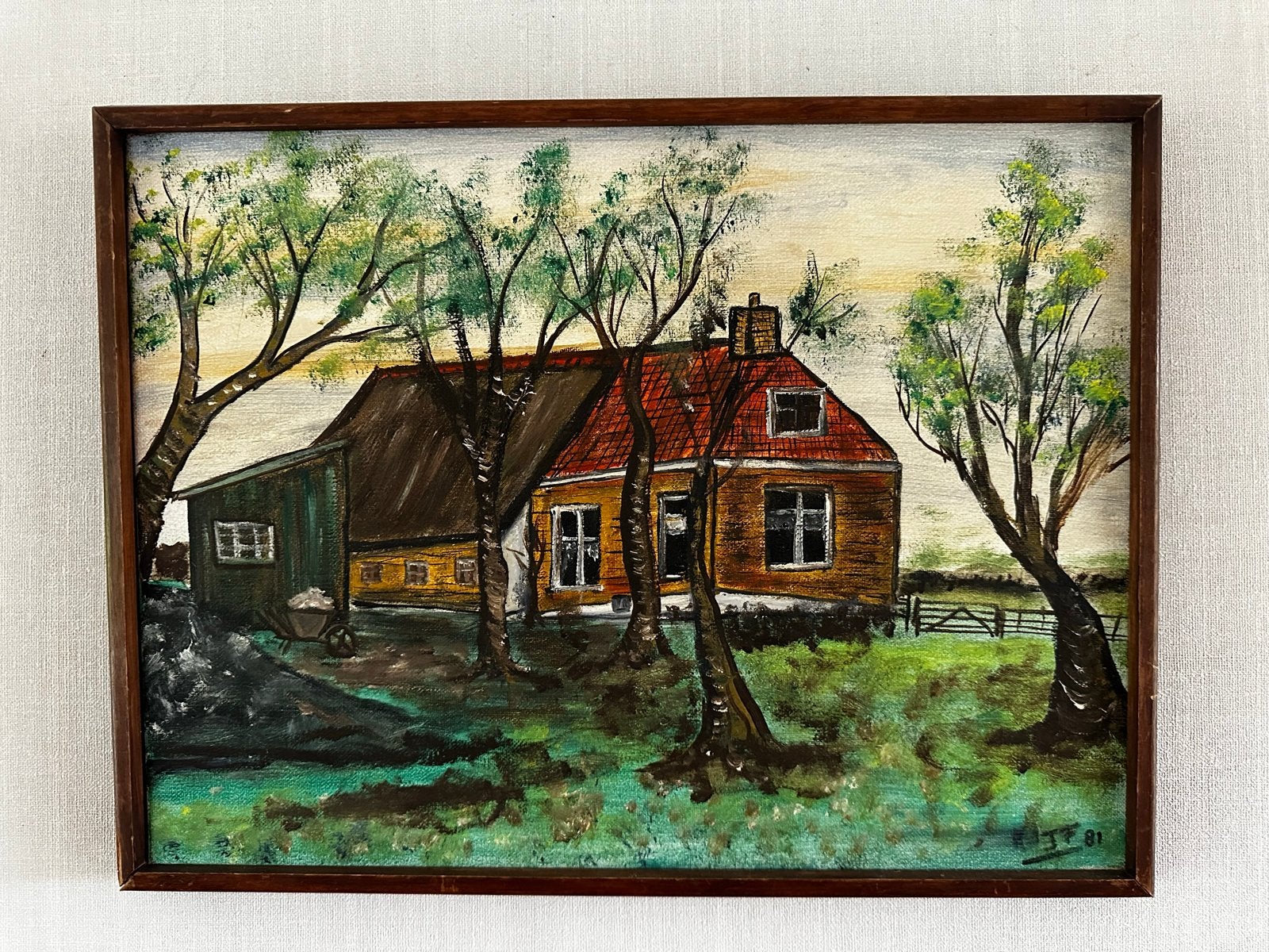 Schilderij boerderij, gesigneerd en gedateerd '81, Ophalen, Doek, Realistisch, Gesigneerd