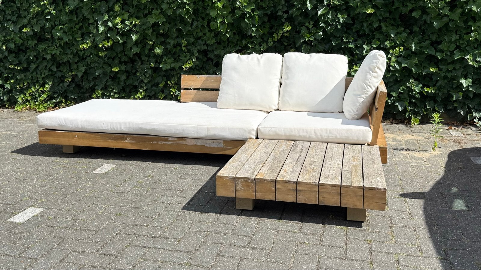 Loungeset teak uitstraling met ecru kussens, Ophalen, Gebruikt, 3 zitplaatsen, Loungeset
