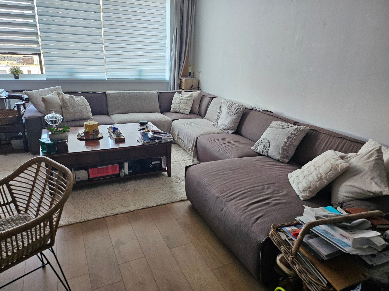 Grote comfortabele hoekbank, bruin/grijs, Ophalen, Gebruikt, Minder dan 75 cm, Hoekbank