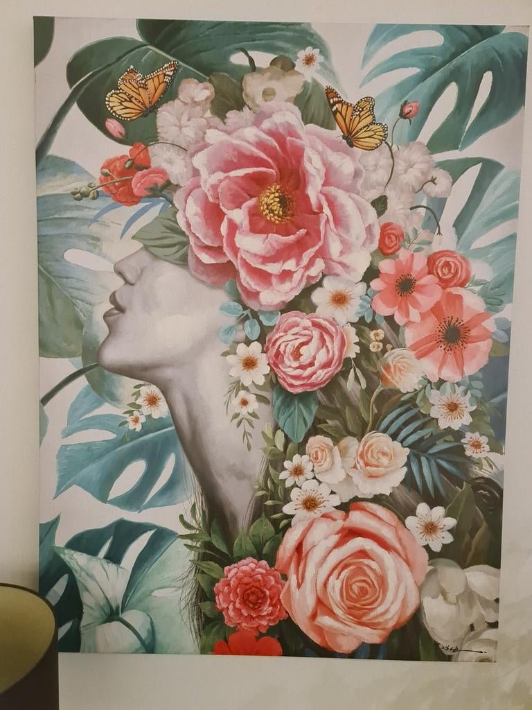 Nieuwe schilderij vrouw bloemen en vlinders 120x80cm €165, Ophalen, Oorspronkelijke maker, ., Nieuw