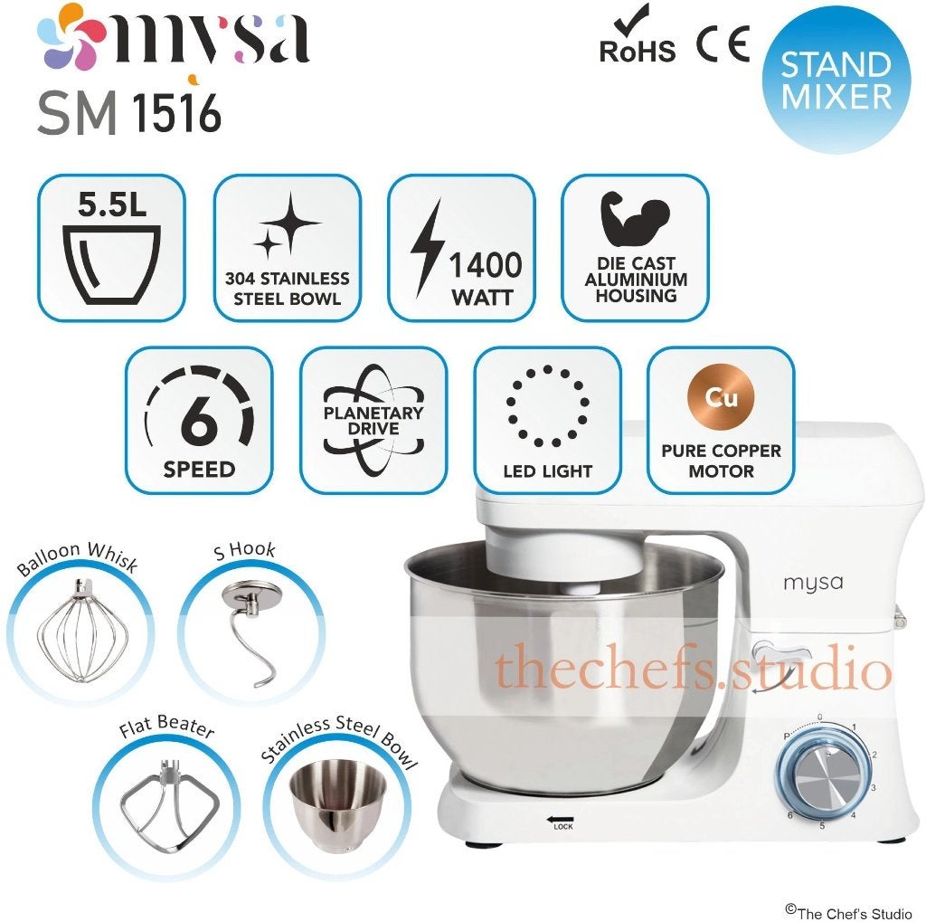 MYSA SM-1516 1400W Stand Mixer Food Mixer, Ophalen, 4 liter of meer, 3 snelheden of meer, Zo goed als nieuw