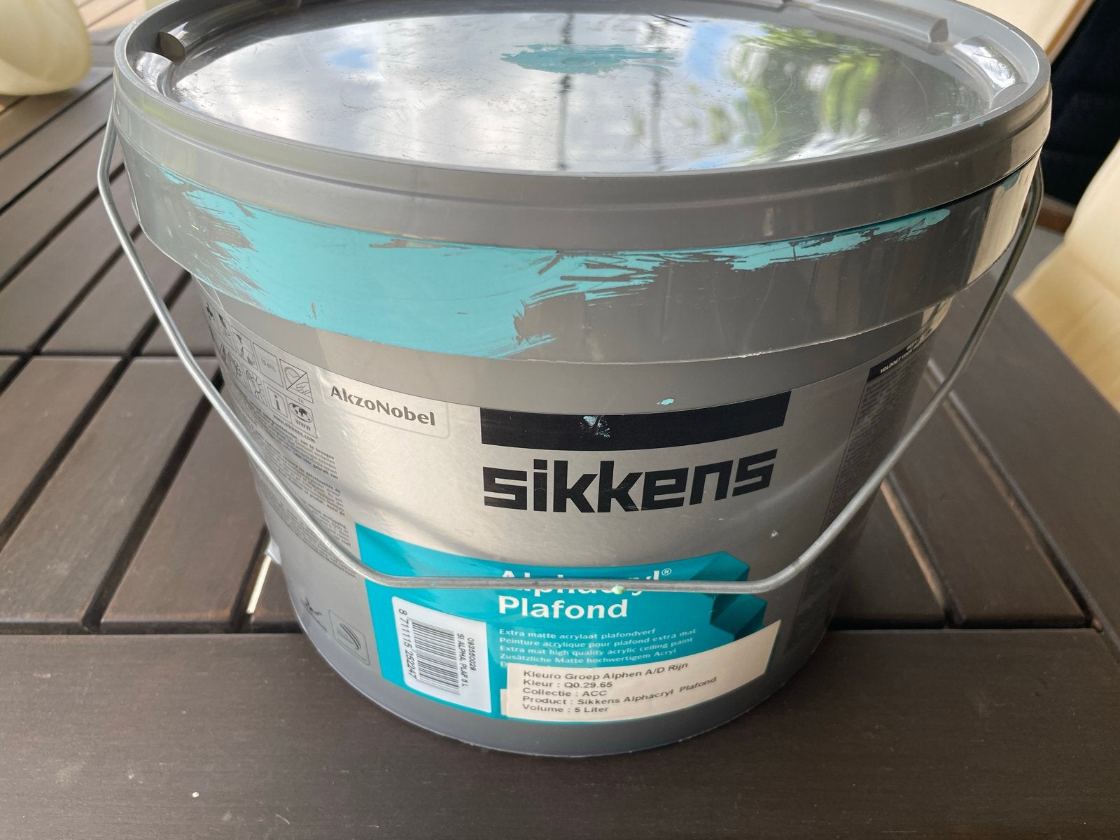 1,8 ltr Sikkens Acrylaat Alphacryl turqoise plafond/muurverf, Gebruikt, Overige kleuren, Ophalen of Verzenden, Verf