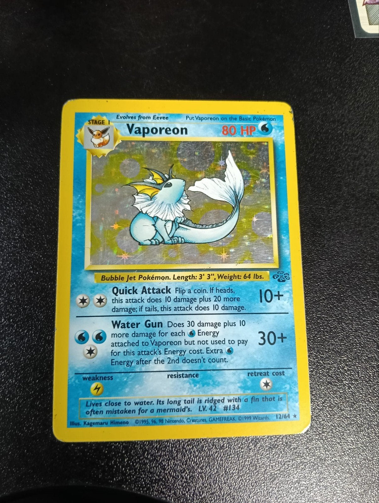Vaporeon 12/64 Jungle Set Holo 1999, Ophalen of Verzenden, Zo goed als nieuw, Losse kaart, Foil