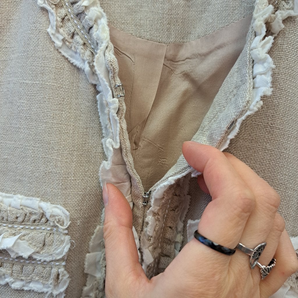 Madeleine 100% linnen blazer zand / ecru roezels 40 nr 46587, Maat 38/40 (M), ., Beige, Madeleine