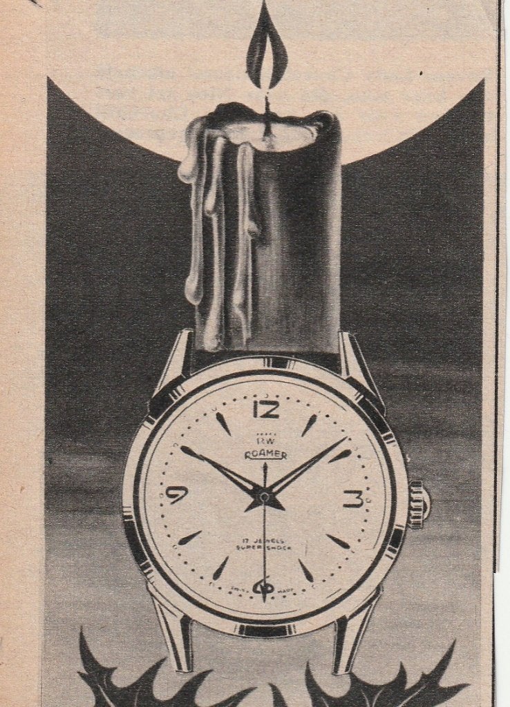 Retro reclame 1957 Roamer horloge mooi Kerst geschenk, Verzenden, Overige typen