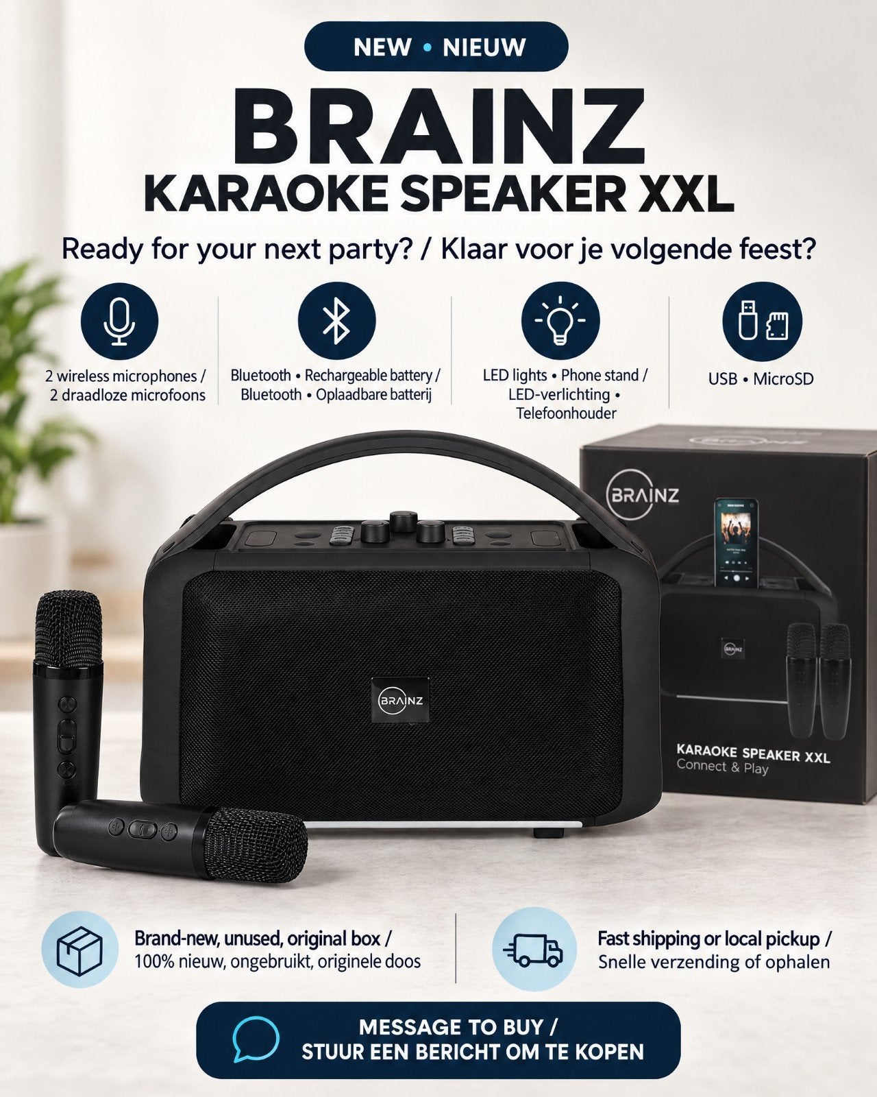 Brainz Karaoke Speaker XXL met 2 draadloze microfoons, Ophalen, Nieuw, Luidspreker(s)
