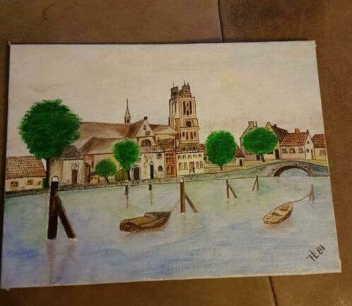 Schilderij haven Dordrecht gesign. PL, Antiek en Kunst, Kunst | Schilderijen | Klassiek, Ophalen