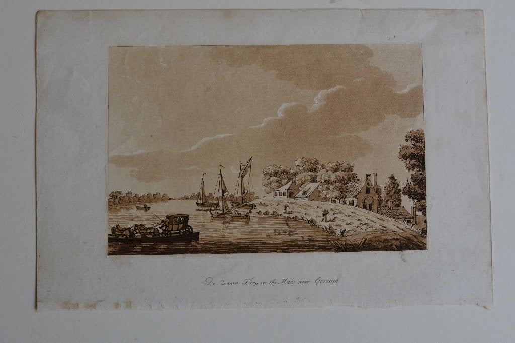 GORKUM GORINCHEM Aquatint Ferry over de MAAS 1780 GU5, 10 cm, Stadsgezicht, Origineel, 15 cm