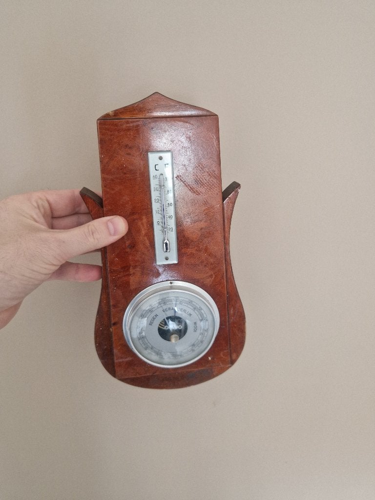 Antieke Barometer en Thermometer op Houten Plaat, Audio, Tv en Foto, Ophalen of Verzenden, Gebruikt, Barometer