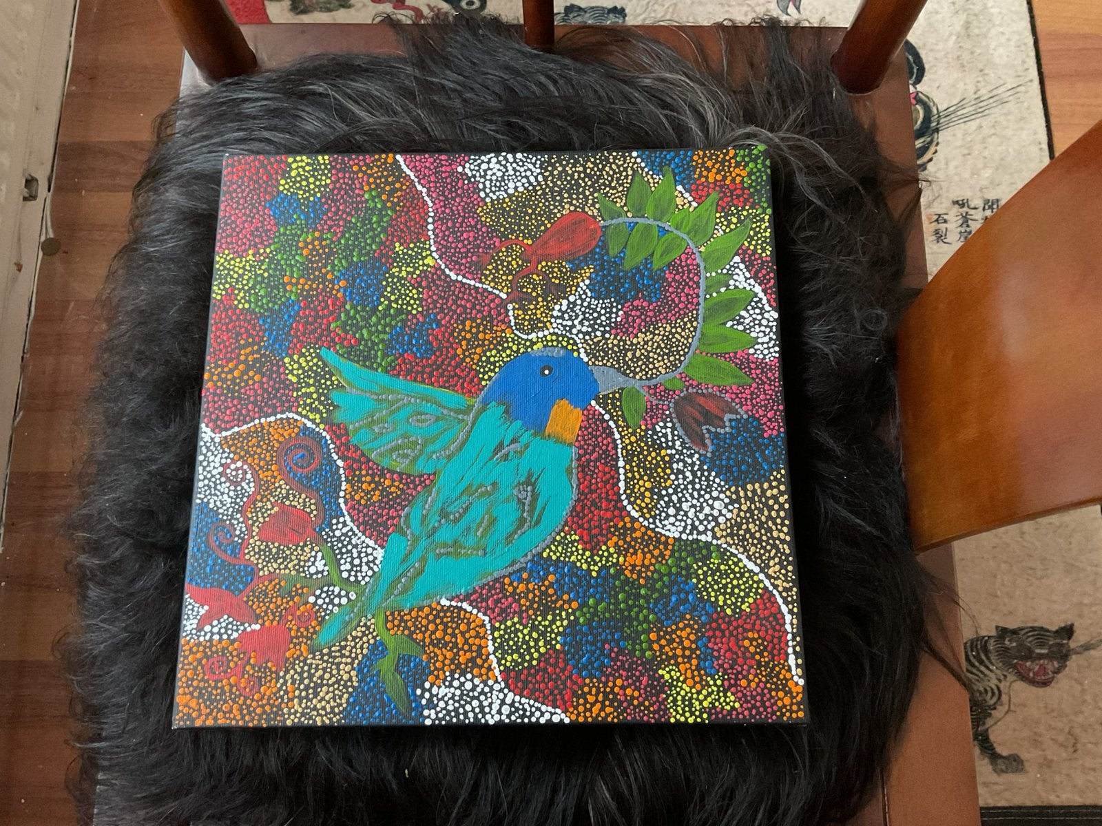 Aboriginal schilderij van Sharlene Nakamarne Nelson, Ophalen of Verzenden, Textiel, Op houten frame, Dieren