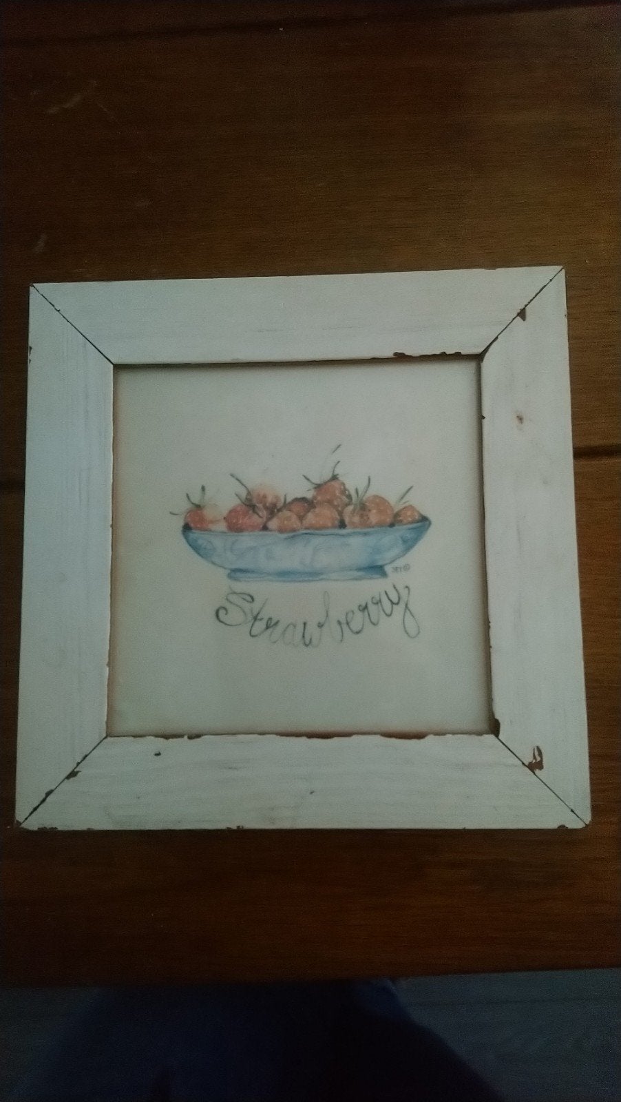 Ingelijste aardbeien (keuken)lijst  - Vintage look, Huis en Inrichting, Zo goed als nieuw, Wit, Ingelijst werk, Ophalen of Verzenden