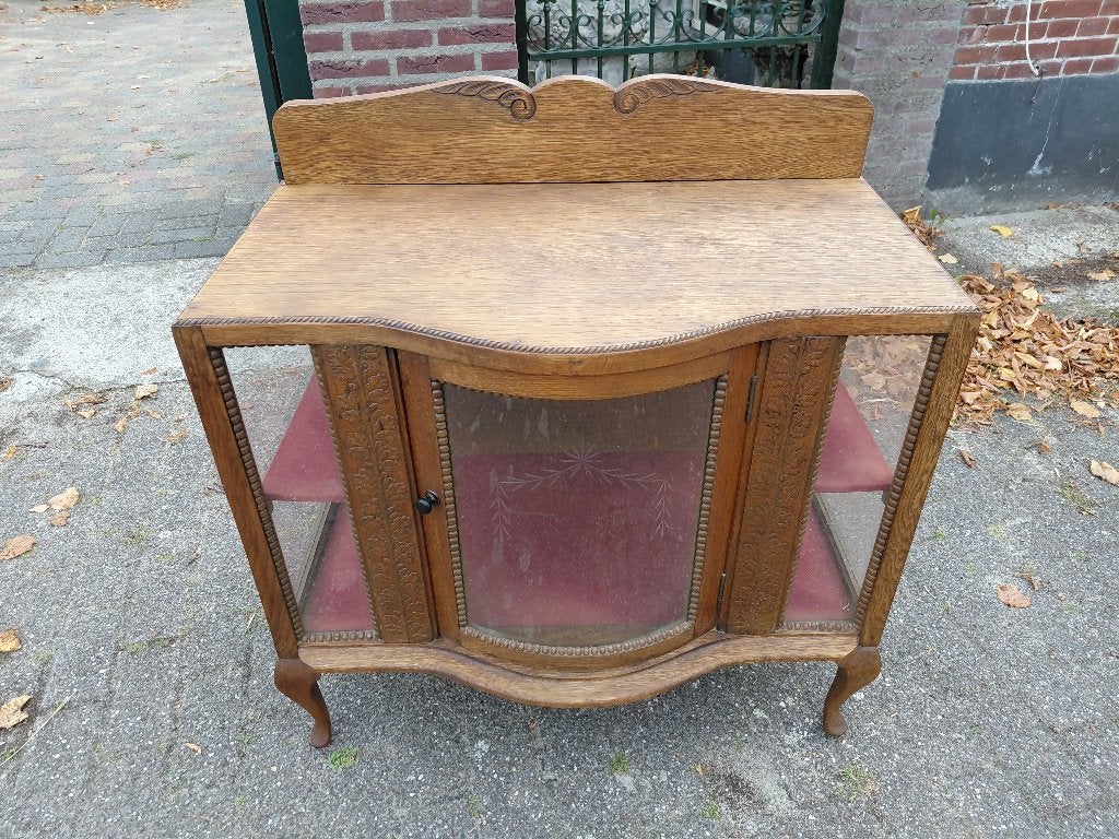 Art Nouveau eiken theekastje met opstand en snijwerk., Antiek en Kunst, Curiosa en Brocante, Ophalen