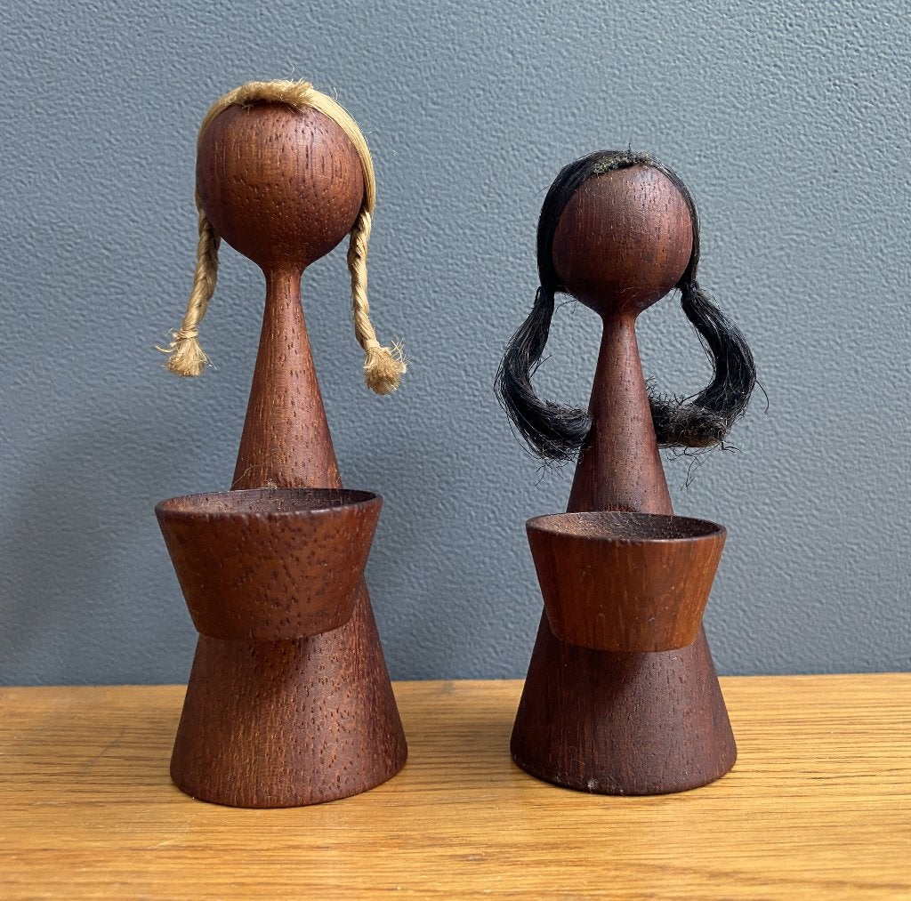 60 jaren teak houten stel vrouwtjes met bakje peper & zout, Ophalen of Verzenden, Gebruikt, Hout, Vintage