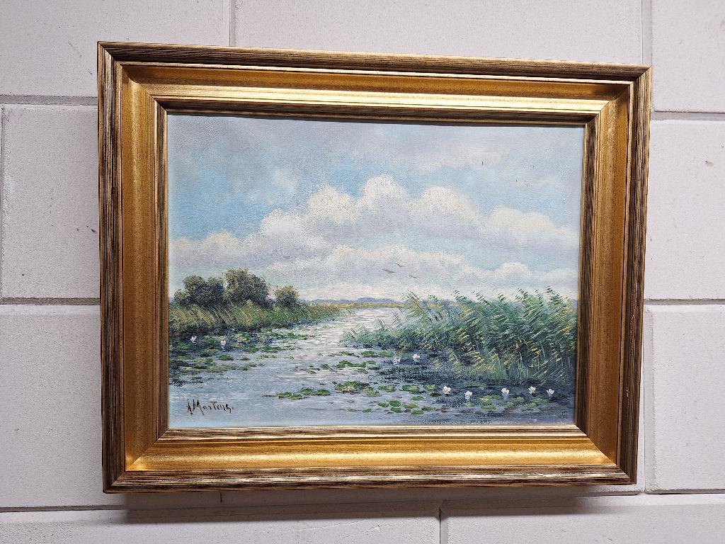Schilderij met Pompebladeren (Waterlelies)  A Martens, Antiek en Kunst, Kunst | Schilderijen | Klassiek, Ophalen of Verzenden