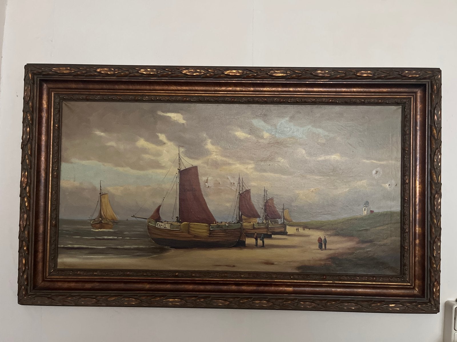 Olieverfschilderij: Vissersboten op het strand, Ophalen, Maritiem / water, Doek, Gesigneerd