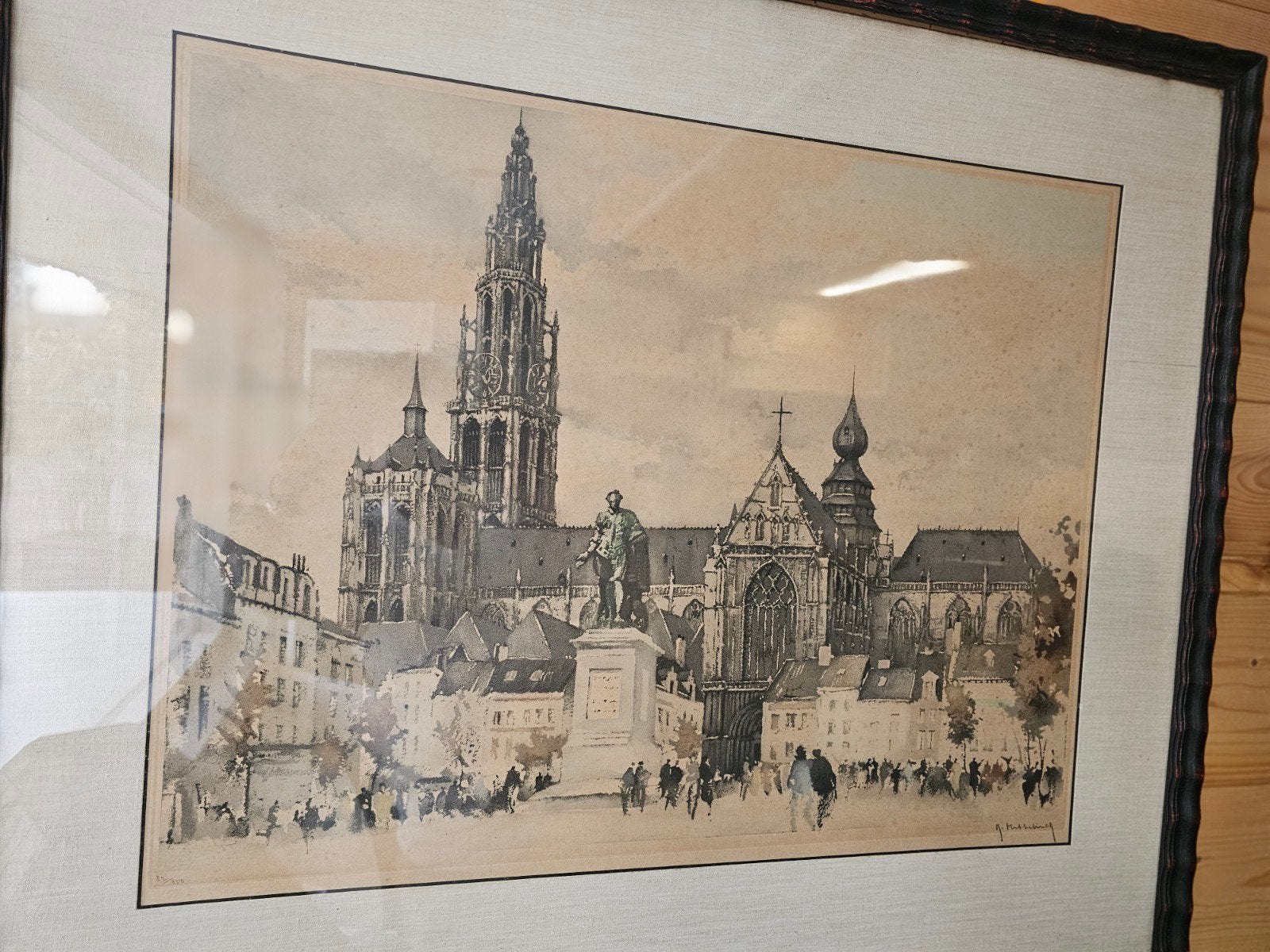 Antwerpen Grote Markt tekening, gesigneerd, ingelijst, Ophalen of Verzenden, Tekening, Gemengde techniek, Ingelijst