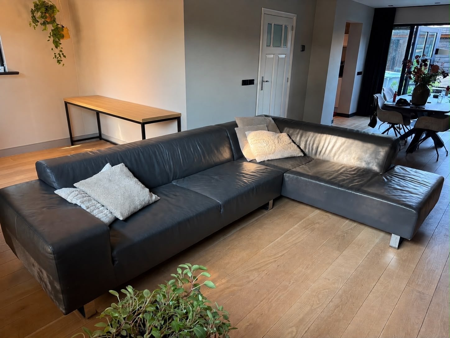 Leren hoekbank Antraciet - 310 x 225 cm, Huis en Inrichting, Banken | Bankstellen, Ophalen, Gebruikt, Hoekbank, 300 cm of meer